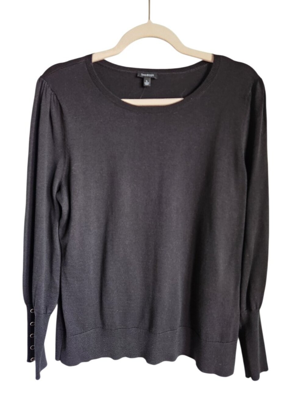 Talbots Black Sweater Women's Large Lightweight Scoop Neck Cotton Blend Buttons